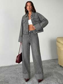 EURMUSE Dark Washed Denim Cropped Jacket And Straight Fit Jean Set - Light Grey - View 3