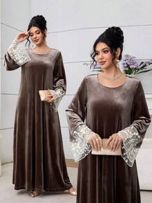 Al Najma 棕色刺绣网纱拼接长款开衫 - 棕色 - 查看 1