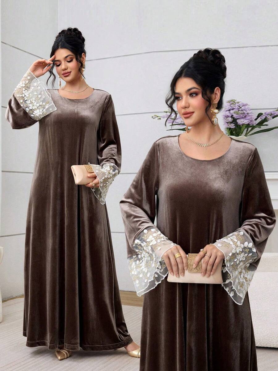 Al Najma 棕色刺绣网纱拼接长款开衫 - 棕色 - 查看 1