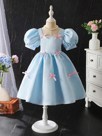 SHEIN Vestido de manga corta elegante y sencillo con decoración de lazo para niña joven