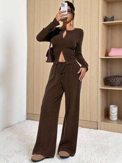 SHEIN PETITE Ribbed Cardigan And Wide Leg Pants Co Ord Set For Women Casual Lounge Wear Autumn Winter Outfit Long Sleeve Two Piece Set Casual Two Piece Set Comfortable Two Piece Set Casual Spring/Summer Women's Gym Clothes