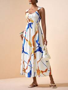 Zivah Novo Lançamento Primavera/Verão 2026, Vestido Elegante com Decote em V e Sem Mangas, Alças com Contas, Cintura Franzida, Vestido Longo Estampado em Linha A, Adequado para Dia dos Namorados, Casamento, Festival de Música, Páscoa, Estilos Western, Nômade, Boho, Nashville, Festa, Casamento, Noite, Encontro, Reunião, Trabalho, Casual Elegante - Multicolorido - Visão 7