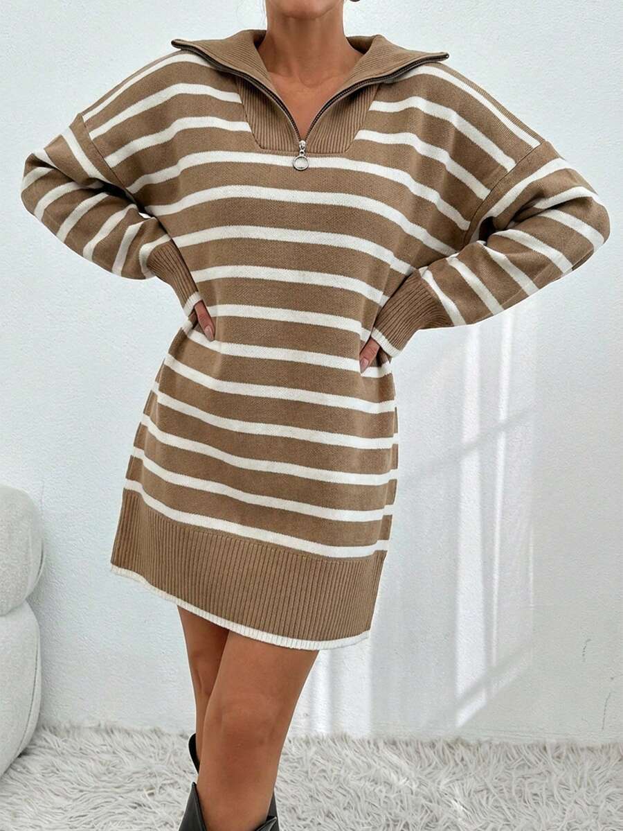 EURMUSE Women Blue And White Striped Knit Design Knit Dress With Zipper Detail Brunch Autumn French Casual - Camel - View 1