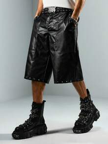 ROMWE MEN Street Life 男士PU面料水钻设计口袋时尚短裤 - 黑色 - 查看 7