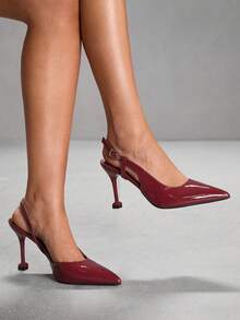 CUCCOO SZL Women's Pointed Toe High Heel Burgundy Mirror Leather Fashion Sexy Commute Party Banquet Pumps With Ankle Strap - Burgundy - View 3