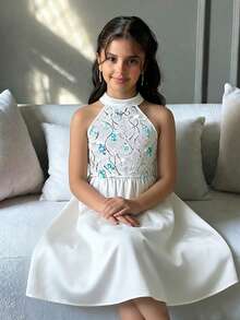 SHEIN Tween Girl Spring/Summer Elegant Glamorous 3D Embroidered Sequin Mesh Patchwork Big Bow Sleeveless Cinched Waist Princess Flare Dress Flower Girl Wedding Season Dress White Tween Girl - White - View 2