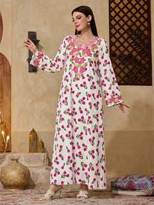 Al Najma Women's V-Neck Floral Print Casual Modest Party & Outing Arabic Style Dress - Multicolor - View 4