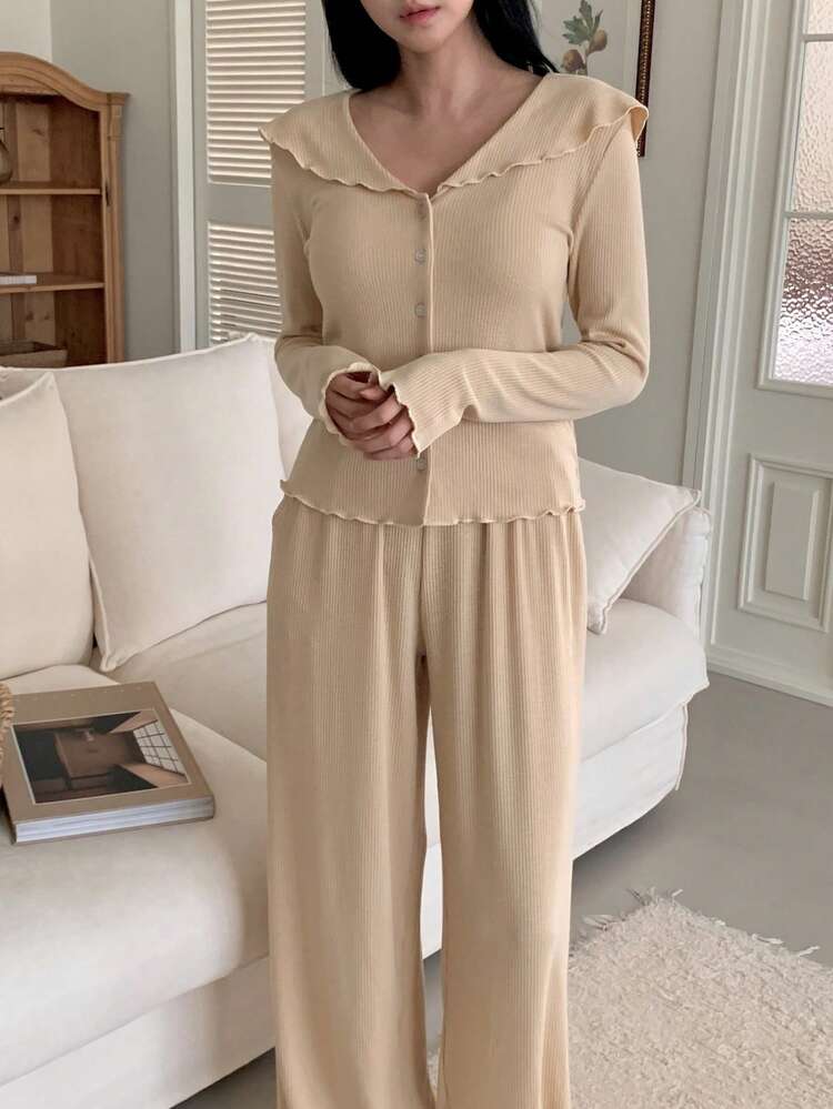 Knitted Sailor Collar Ruffle Trim Women Pajama Set