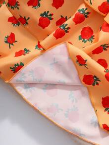 Girls Cute Lantern & Girl Print T-Shirt With Burgundy Rose Cake Skirt Set, Summer - Yellow - View 8
