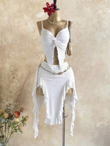 Soleia 女士纯色荷叶边吊带上衣和迷你裙两件套 - 白色 - 查看 9