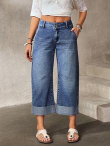 EMERY ROSE Women's Casual Versatile Solid Color Cropped Jeans With Slant Pockets - Blue - View 7