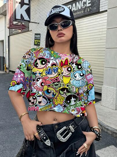 THE POWERPUFF GIRLS X SHEIN 大码花朵、泡泡、毛茛图案圆领短袖T恤