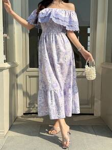 Feyla Women's Floral Print Contrast Lace Ruffle One-Shoulder Elegant Mid-Length Dress - Multicolor - View 3