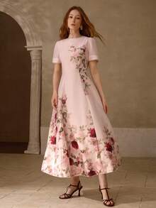 PREMIUM WOMEN'S ROMANTIC ELEGANT POSITIONING PRINT SHORT SLEEVE DRESS, SPRING/SUMMER - Multicolor - View 5