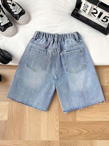 SHEIN Quần short denim rộng rãi, rách rưới họa tiết chữ thập dành cho bé trai. - Rửa nhẹ - Xem 2
