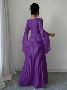 Elenzga V-Neck Pleated Open Sleeve Elegant Romantic Women Dress Maxi Women Outfit - Purple - View 2