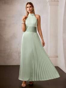 MOTF Soiréza VESTIDO DE FIESTA DE SATÉN PLISADO CON CUELLO DE HALTER ESTILO SIRENA PARA MUJER, PRIMAVERA/VERANO - Verde - Ver 4