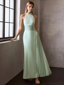 MOTF Soiréza VESTIDO DE FIESTA DE SATÉN PLISADO CON CUELLO DE HALTER ESTILO SIRENA PARA MUJER, PRIMAVERA/VERANO - Verde - Ver 8