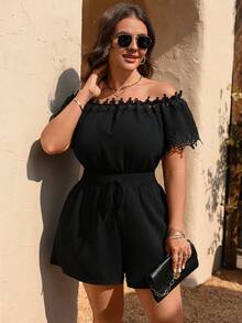 Breezaya 大码女式梭织常规早春休闲度假通勤黑白撞色复古印花蝴蝶结连体裤 - 黑色 - 查看 6