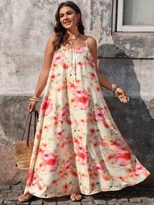 Breezaya 大码女式宽松碎花无袖连衣裙，度假款 - 杏色 - 查看 1