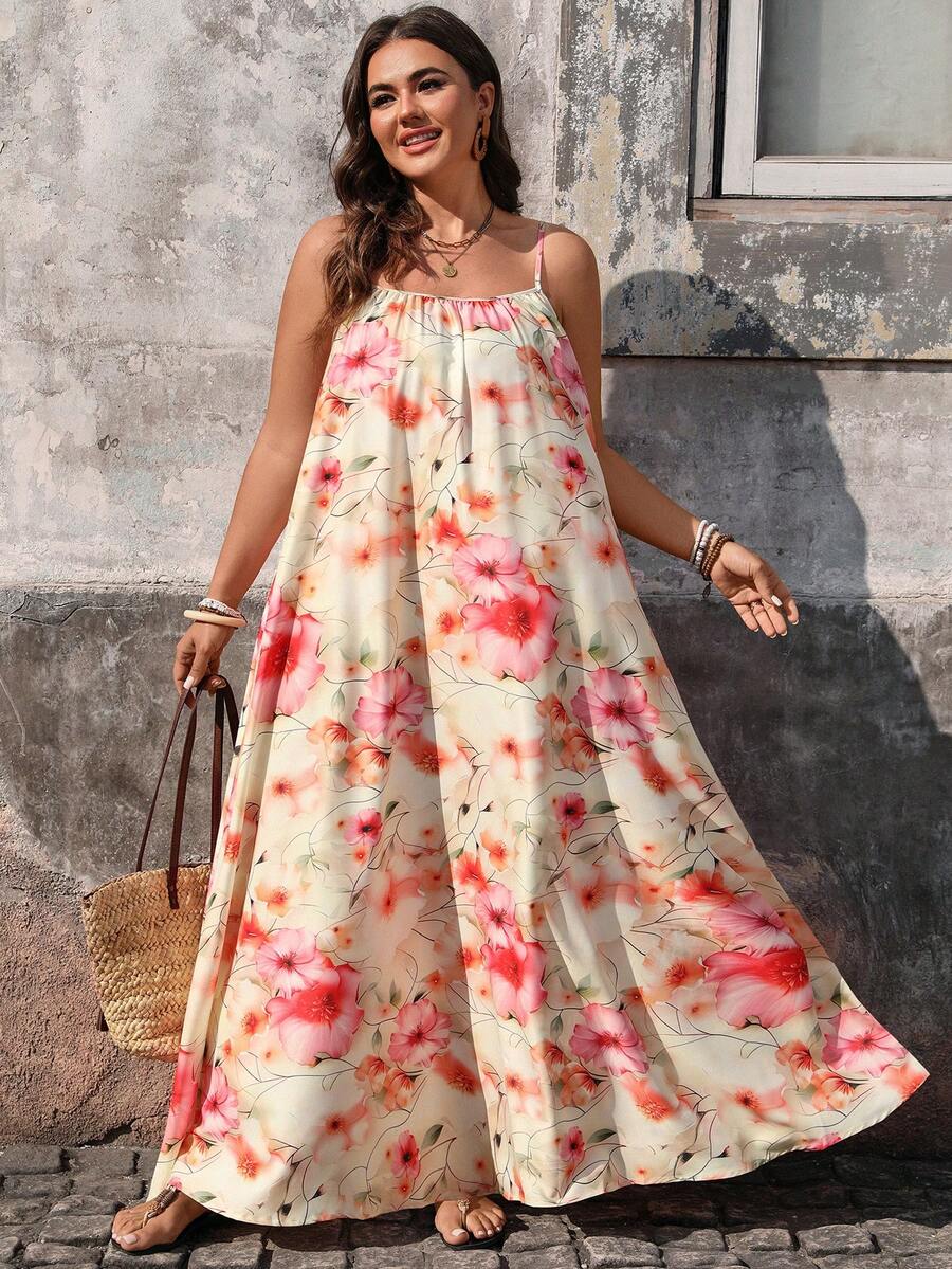 Breezaya 大码女式宽松碎花无袖连衣裙，度假款 - 杏色 - 查看 1