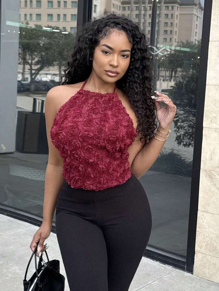 Alexandranx Women's Elegant Romantic Holiday Top Birthday Valentine's Day Music Festival Concert Ancora Red Camisole Top Burgundy Rose Flower Halter Neck Strap Top,Graduation,Teacher Outfits For Women,Back To School - Burgundy - View 6