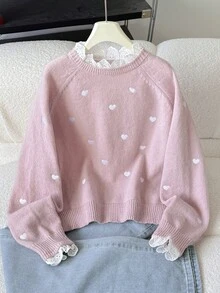 SHEIN 少女休闲家居套头毛衣，优雅刺绣蕾丝饰边爱心图案宽松插肩袖针织衫，柔软舒适厚实 - 藕粉色 - 查看 1