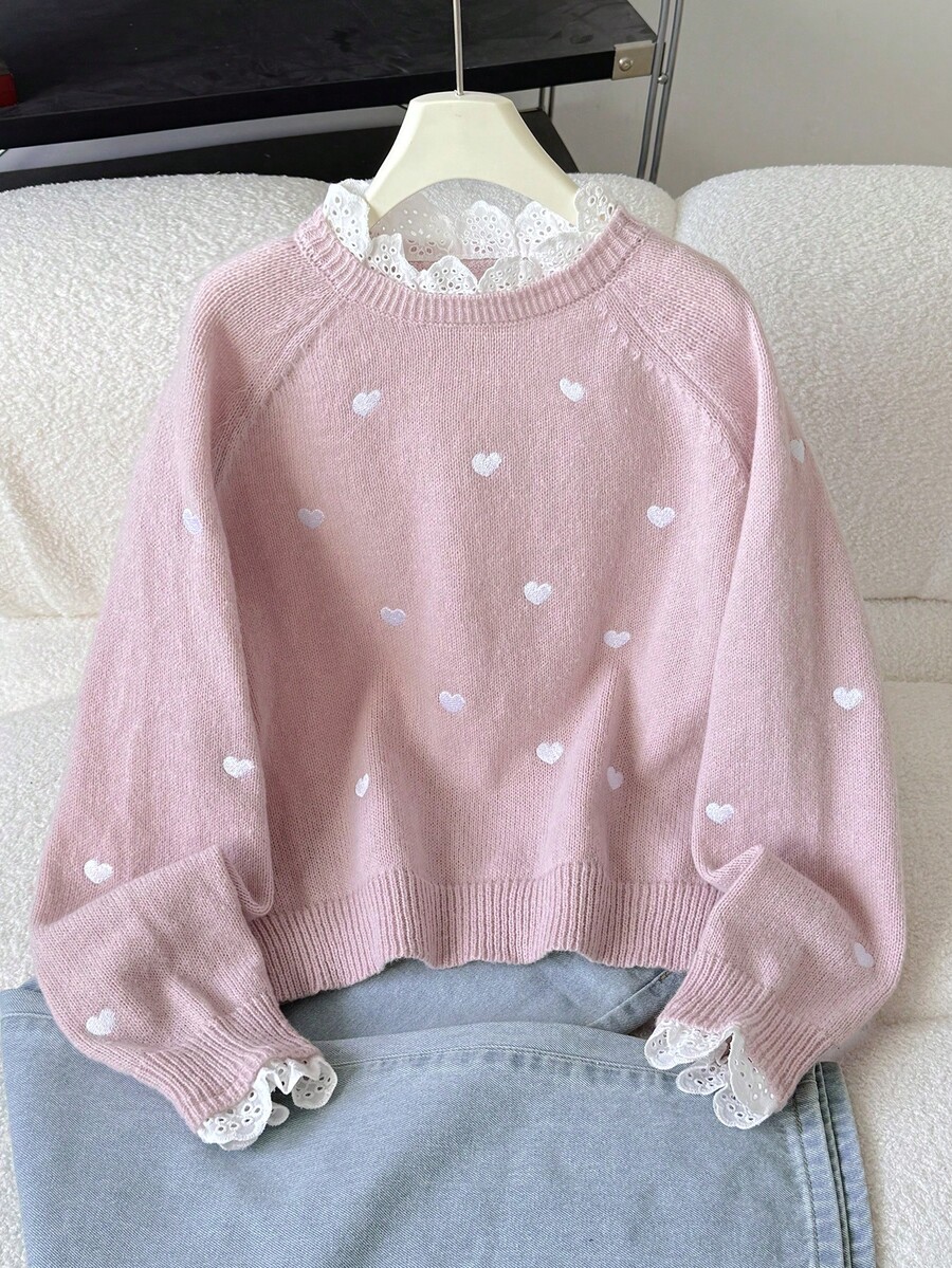 SHEIN 少女休闲家居套头毛衣，优雅刺绣蕾丝饰边爱心图案宽松插肩袖针织衫，柔软舒适厚实 - 藕粉色 - 查看 1