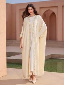 Graceveil Women's Elegant Floral Embroidery Splice Batwing Sleeve Loose Arabic Abaya Robe - Apricot - View 3