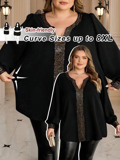 SHEIN CURVE+ Plus Size V-Neck Long Sleeve Floral All Over Print Casual Shirt