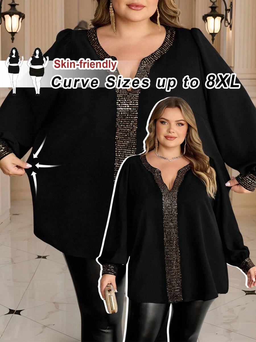 SHEIN CURVE+ 大码V领长袖印花休闲衬衫 - 黑色 - 查看 1