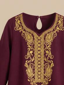 SHEIN Baby Girls' Casual Minimalist Long Sleeve Dress With Traditional Golden Floral Embroidery Print, Classic-Elegant Vintage Abaya Dress, Modest Long Sleeve Dress, Comfortable And Easy To Wear, Casual Everyday Style, Resort-Inspired Modest Kaftan - Multicolor - View 4