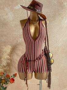 Soleia Mono de punto con cuello en V profundo a rayas para vacaciones de mujer - Multicolor - Ver 5