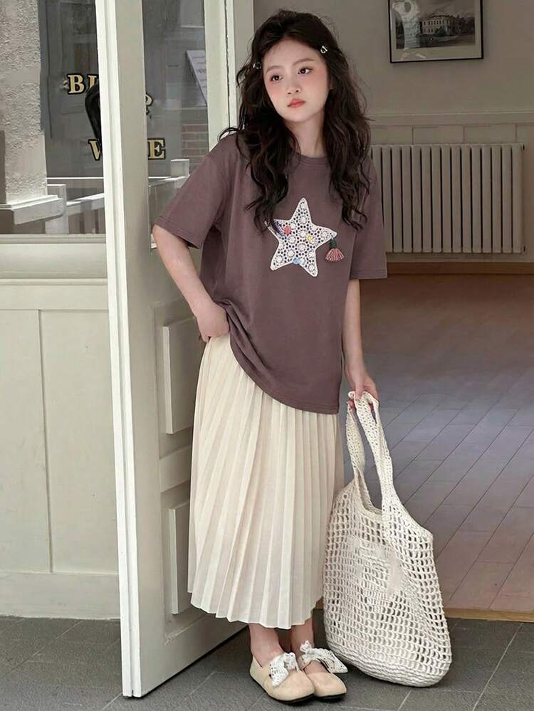 Tween Girl Round Neck Star Patch Decor Casual Versatile Daily Wear Short Sleeve T-Shirt Summer