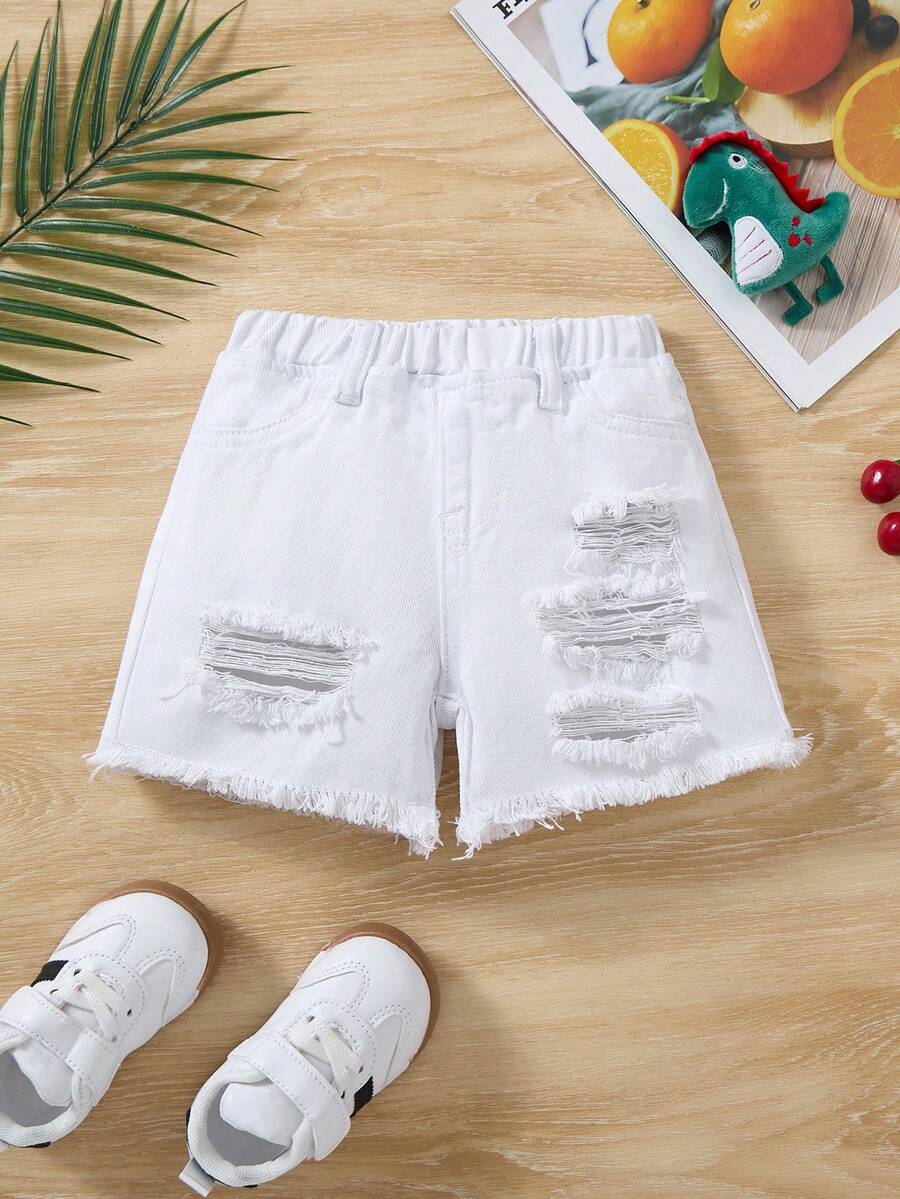 Quần short denim trắng rộng rãi, rách rưới dành cho bé trai. - trắng - Xem 1