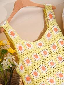 CosyJoli Blusa sin mangas de mujer talla grande hecha a mano con ganchillo, diseño de parches florales y girasoles, para uso casual y vacaciones en primavera - Multicolor - Ver 2