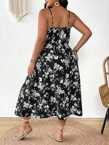 SHEIN Frenchy 大码优雅印花无袖连衣裙，休闲夏季度假 - 黑色 - 查看 2