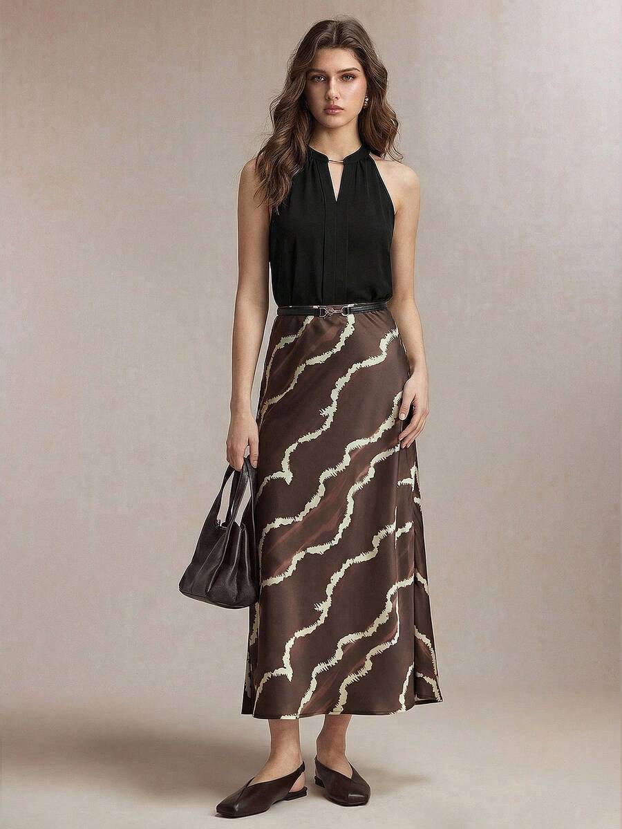 BizChic 咖啡棕色波浪印花鱼尾裙，配有隐形拉链，适合春夏穿着，百搭实用，可用于复活节、圣帕特里克节、通勤、日常、休闲、浪漫90年代复古风、派对、海滩、毕业典礼、度假、婚礼宾客、伴娘、女主人等场合。 - 棕色 - 查看 1