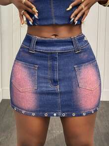 Slaydiva Women's Denim Mini Skirt With Fitted Pockets Spring To Summer Valentine's Day  Y2k Clothes - Red - View 3