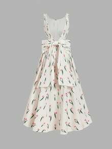 SHEIN MOD 粉色郁金香印花梦幻浪漫长裙，露背设计，后背系带蝴蝶结——适合花园茶会、约会、派对、女士春夏连衣裙、沙滩装、春假、度假、野餐、节日、生日等场合。 - 彩色 - 查看 2