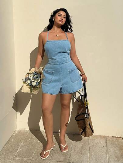 Sunnyshic Plus Size Women's Criss-Cross Backless Sleeveless Casual Denim Shorts