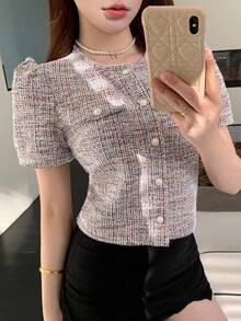 DAZY 夏季新款泡泡袖女式衬衫，适合第一次约会 - 灰色 - 查看 1