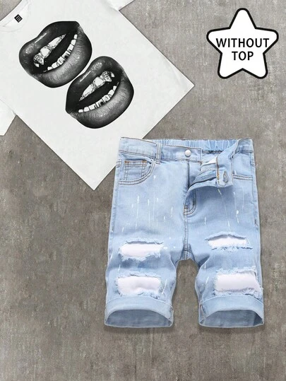 SHEIN Quần short denim năm điểm thời trang cho bé trai tuổi teen, phong cách Y2K cổ điển, cá tính, đường phố, màu xanh denim, thiết kế chắp vá, cắt xẻ, rách tua rua, thoải mái, mềm mại, co giãn, ôm sát, dành cho quần áo trẻ em, mềm mại, mặc hàng ngày và mùa hè, mùa xuân.