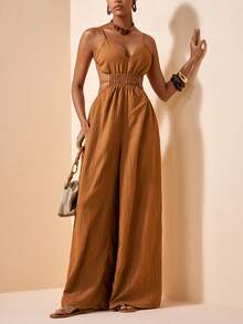 Zivah Bộ jumpsuit lấy cảm hứng từ phong cách miền Tây, Boho, Nashville, cổ chữ V, dây mảnh, eo cao khoét hở, lưng hở gợi cảm, túi dọc, họa tiết sọc dọc, có túi. - màu nâu - Xem 7