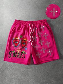 ROMWE MEN Men's Cross & Diamond Print Loose Shorts, Spring/Summer - Hot Pink - View 1