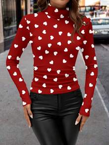 SHEIN Clasi 女士休闲爱心印花高领T恤，适合情人节、秋冬季、早春叠穿 - 彩色 - 查看 3