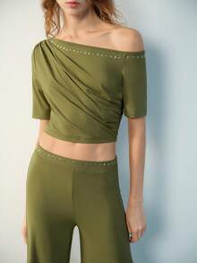 Maija Bộ đồ nữ phong cách thường ngày, thoải mái, thích hợp đi nghỉ mát, gồm áo crop top xếp ly cổ lệch và quần ống rộng, họa tiết hình học, đính đinh tán, thích hợp cho mùa xuân/hè. - xanh quân đội - Xem 6