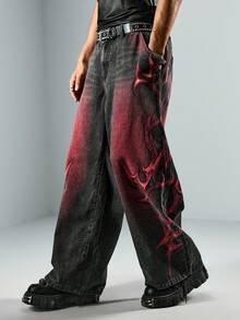 ROMWE MEN Street Life 男士红黑相间荆棘口袋宽松牛仔裤 - 黑色 - 查看 6