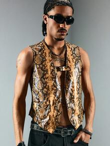 ROMWE MEN Street Life Men's Snake Skin Pattern Shiny Buckle Design Loose Fit Tank Top - Pale Yellow - View 6