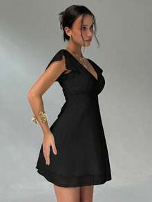 Aloruh Elegant Sexy Charming Ruffle Sleeve A-Line Deep V-Neck Backless Mini Dress For Women,Black Dress For Women - Black - View 5